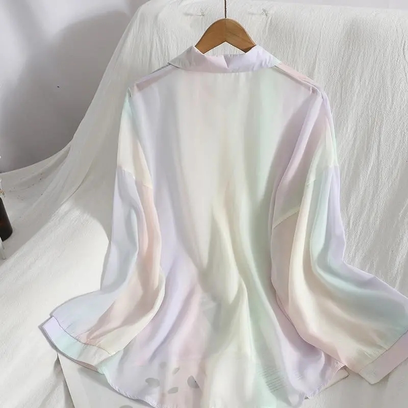 Womens Blouses Shirts Women Chic Chiffon Rainbow Sun Protection Blouse Summer Loose See Through Thin Female Casual Long Sleeve Tops 230519