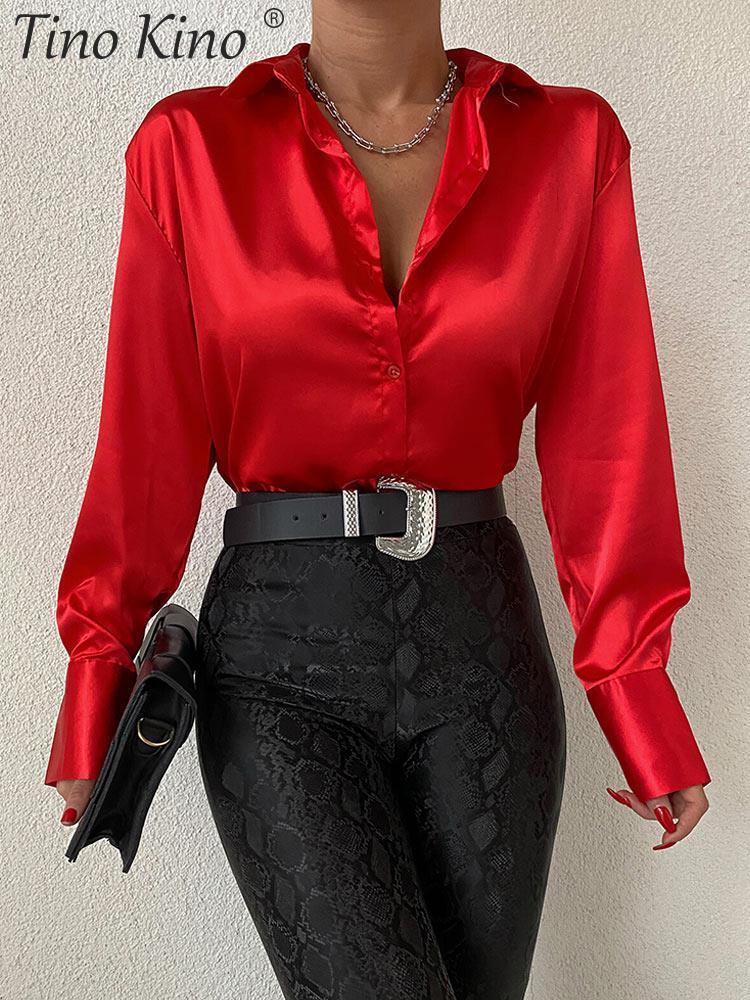 Womens Blouses Shirts Satin Silk Shirt Top Elegant Vneck Spring Summer Office Ladies Loose Button Up Long Sleeve Tops 230519