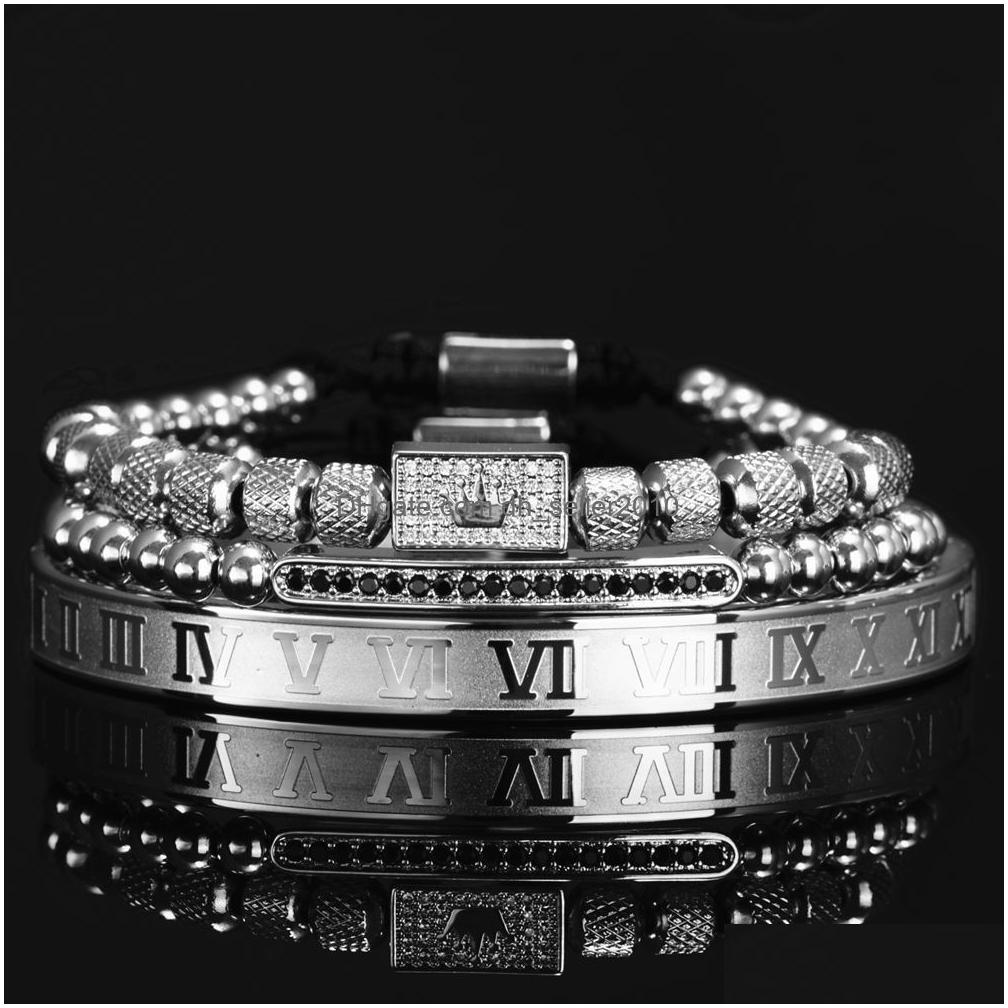 Charm Bracelets 3Pcs/Set Gold Royal King Crown Men Roman Numeral Bracelet Unique Design Braided Adjustable Bangle Pseira Drop Delive Dhf3E