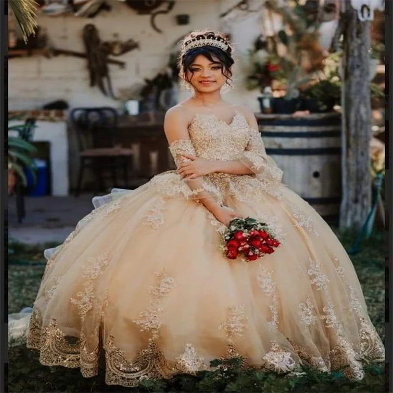 Luxury Champagne Sweet 15 Quinceanera Dress 2023 Ballkleider Puffy Lace Tulle Ruffles Birthday Party Princess Vestidos De Prom vestidos de 15 quincean
