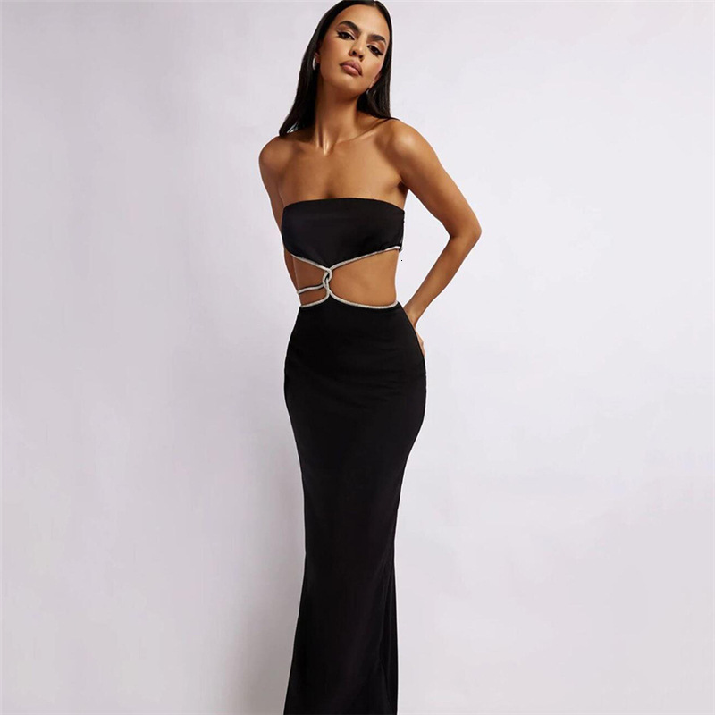Basic Casual Dresses Puloru Black Off Shoulder Party Tube Top Dress Elegant Retro Sleeveless Strapless Hollow Out Backless Split Wrap Dress Vestidos 2