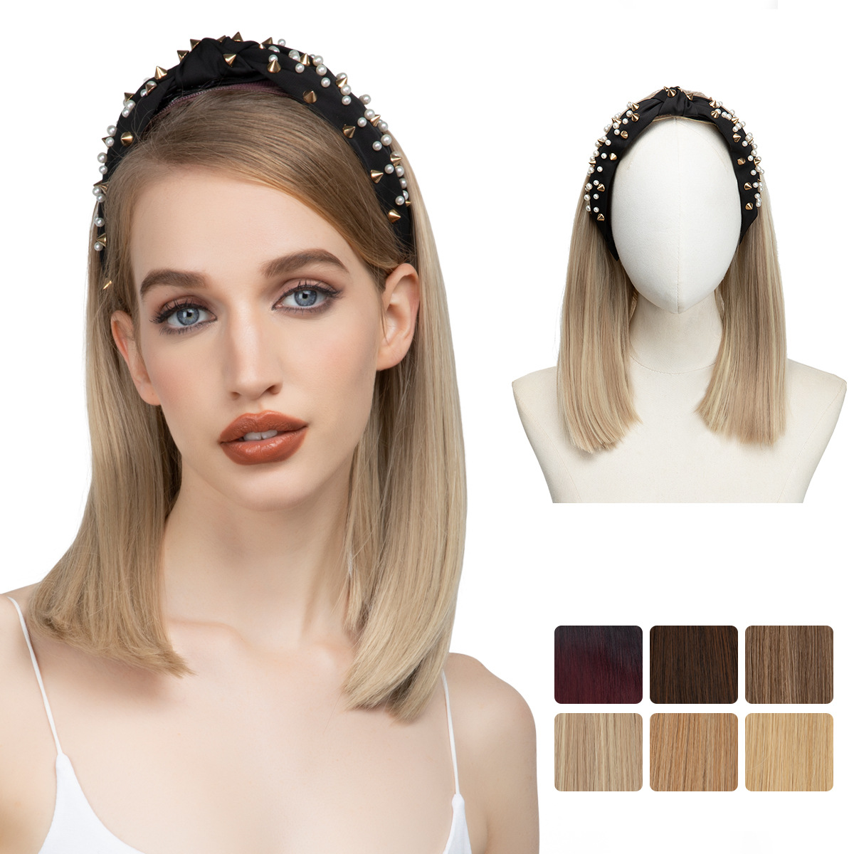 Synthetic Straight Natural Short Hair Wig Headband Half Up Half Down Wig With Headband Attached For Women