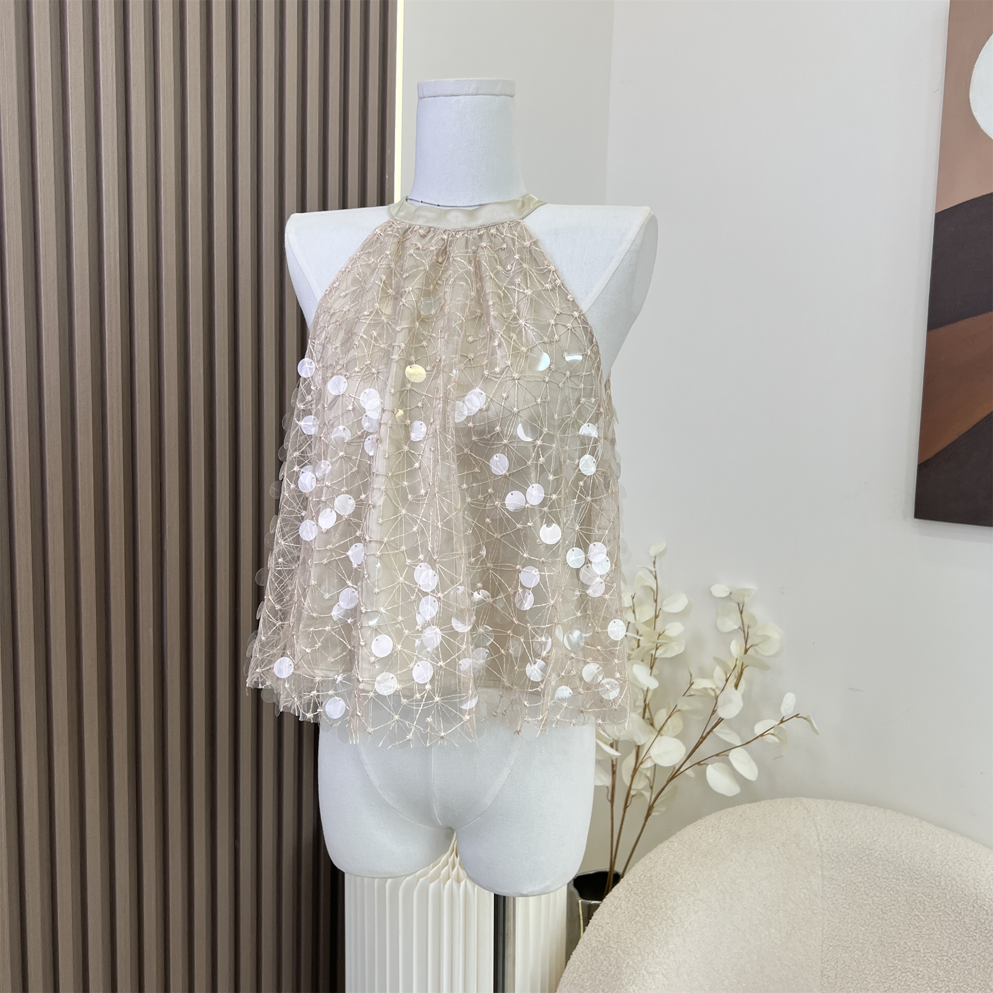 Womens summer halter neck tanks sleeveless embroidery paillette sequined loose vest camis top