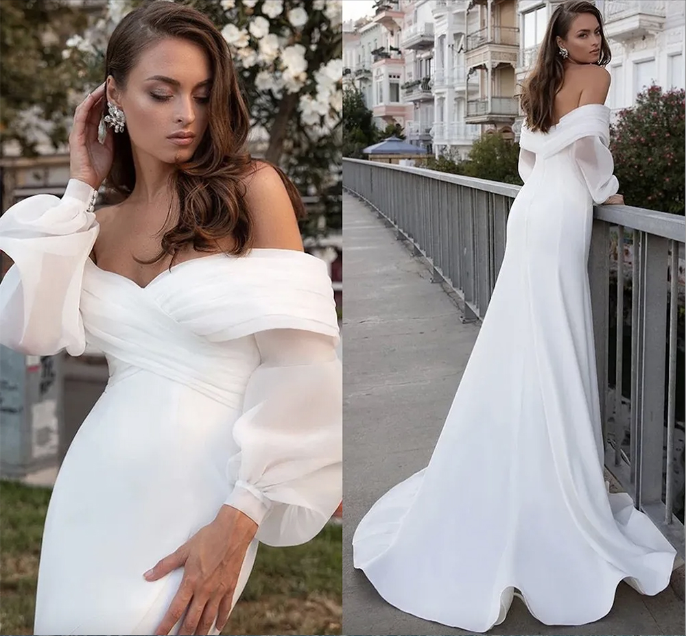 Satin Mermaid Wedding Dresses 2023 Long Fuff Sleeve Sexy Beach Bride Off The Shoulder Boho Bridal Gowns Vestidos De Noiva Free shippi