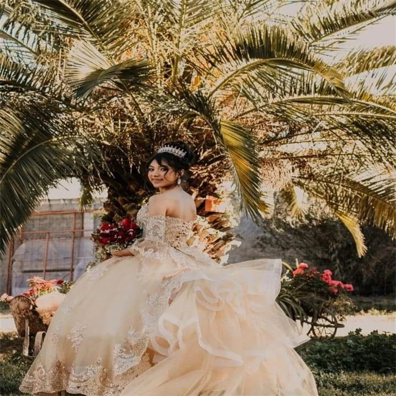 Luxury Champagne Sweet 15 Quinceanera Dress 2023 Ballkleider Puffy Lace Tulle Ruffles Birthday Party Princess Vestidos De Prom vestidos de 15 quincean