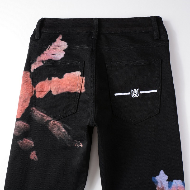 Casual men black straight washed graffiti pattern splashes ink amiryes elastic jeans