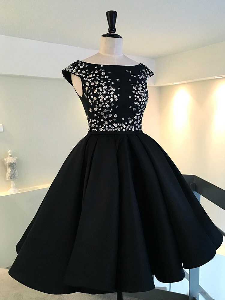 Prom Dresses Hi Lo Fancy Black Satin Ball Gown Party Dresses Cocktail Dress Cap Sleeves Evening Gowns