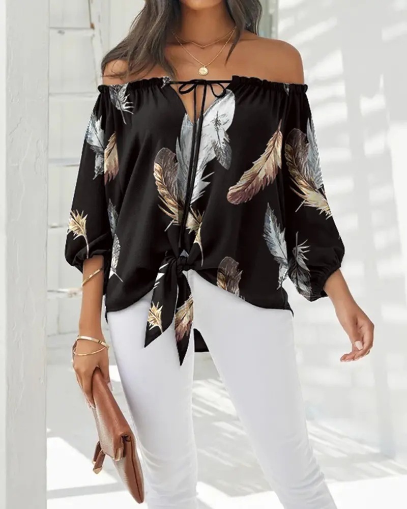 Womens Blouses Shirts Summer Lace Up Print Loose Off The Shoulder Pullover Blouse Office Lady Irregular Tops Camisa Feminina Blusas 230519