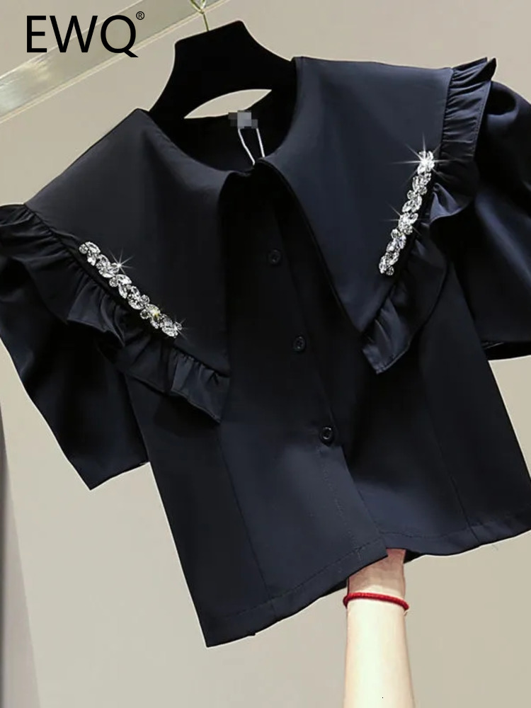 Womens Blouses Shirts EWQ Sweet Style Women Cardigan Blouse Peter Pan Collar Puff Sleeve Diamond Inlay Patchwork Shirt Spring Summer 27SN1147 230519
