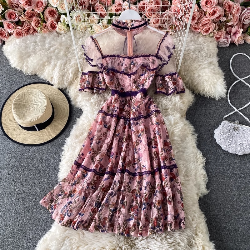 Summer New Elegant Standing Neck Print Dress Flare Short Sleeve Mesh Panel Lace Fragmented Ruffle Edge Dress