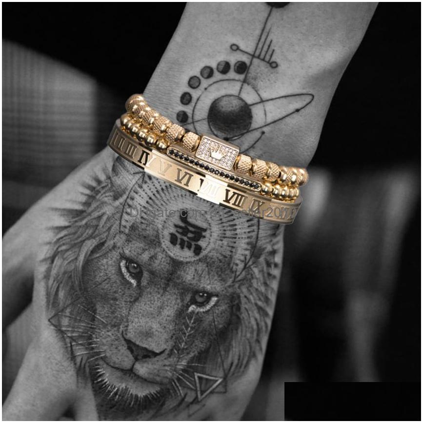 Charm Bracelets 3Pcs/Set Gold Royal King Crown Men Roman Numeral Bracelet Unique Design Braided Adjustable Bangle Pseira Drop Delive Dhf3E