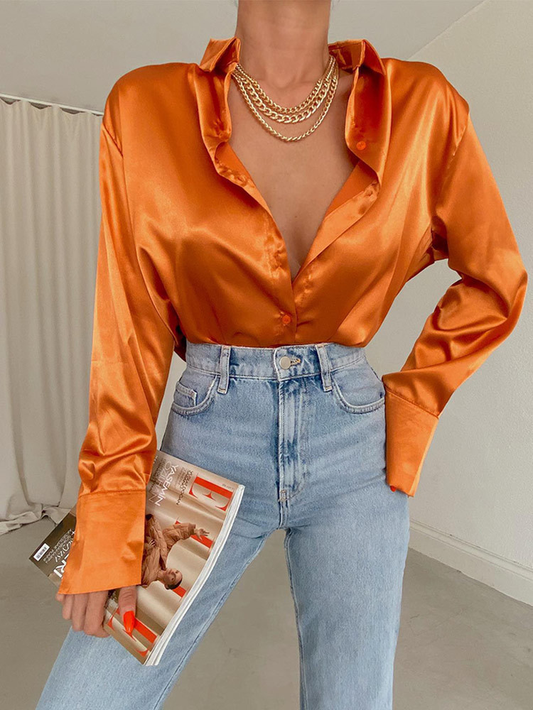 Womens Blouses Shirts Satin Silk Shirt Top Elegant Vneck Spring Summer Office Ladies Loose Button Up Long Sleeve Tops 230519