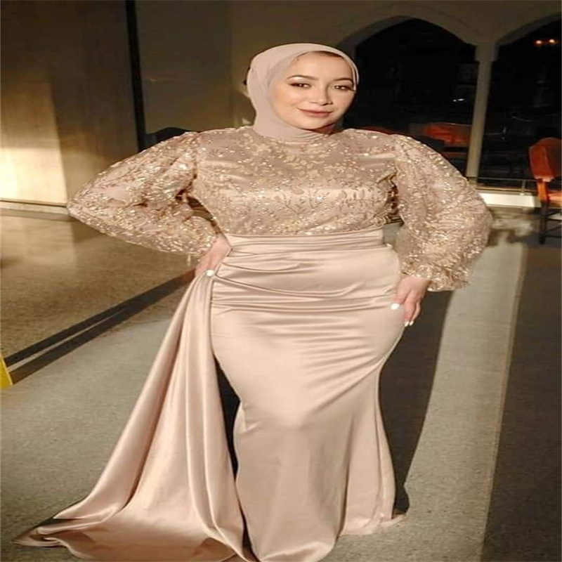 Gold Muslim Evening Dress With Train 2023 Long Sleeve Lace Mermaid Arabic Dubai Prom Dance Dresses Elegant Islam Formal Dinner Vestidos De Fiesta Noch