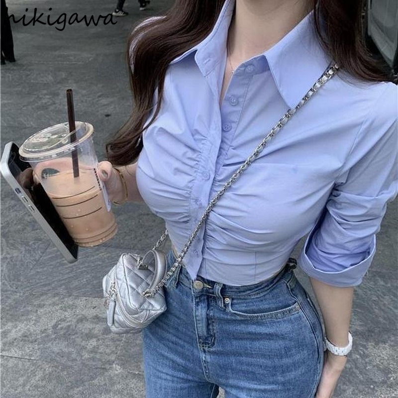 Womens Blouses Shirts Sexy Crop Tops Fashion Blouse for Women Folds Tunic Long Sleeve Shirt Korean Y2k Clothes White Blusas Mujer De Moda 230519