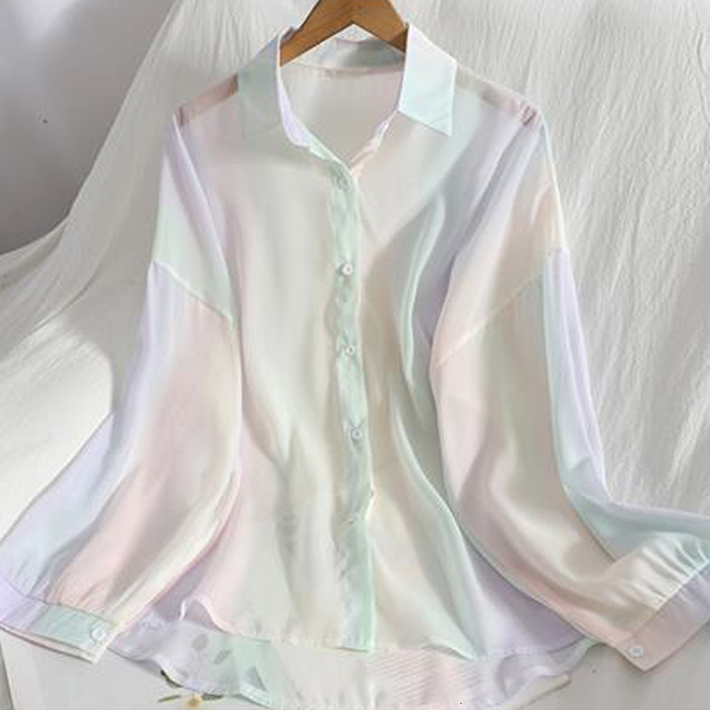 Womens Blouses Shirts Women Chic Chiffon Rainbow Sun Protection Blouse Summer Loose See Through Thin Female Casual Long Sleeve Tops 230519