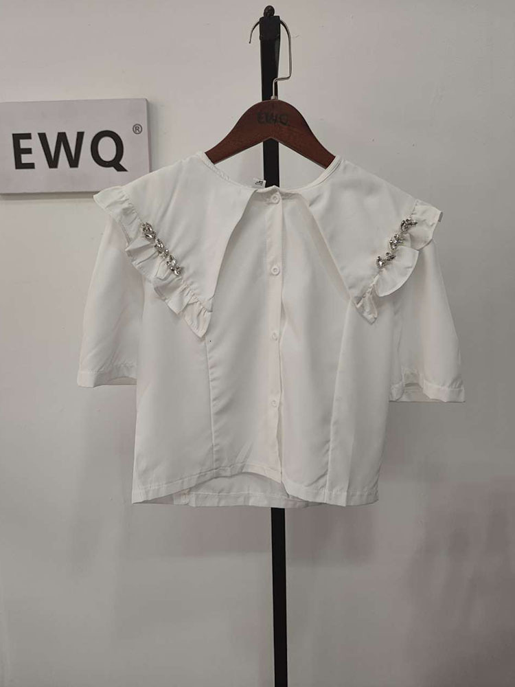 Womens Blouses Shirts EWQ Sweet Style Women Cardigan Blouse Peter Pan Collar Puff Sleeve Diamond Inlay Patchwork Shirt Spring Summer 27SN1147 230519