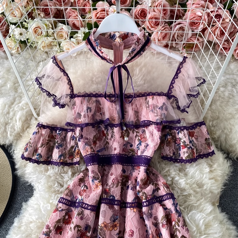 Summer New Elegant Standing Neck Print Dress Flare Short Sleeve Mesh Panel Lace Fragmented Ruffle Edge Dress