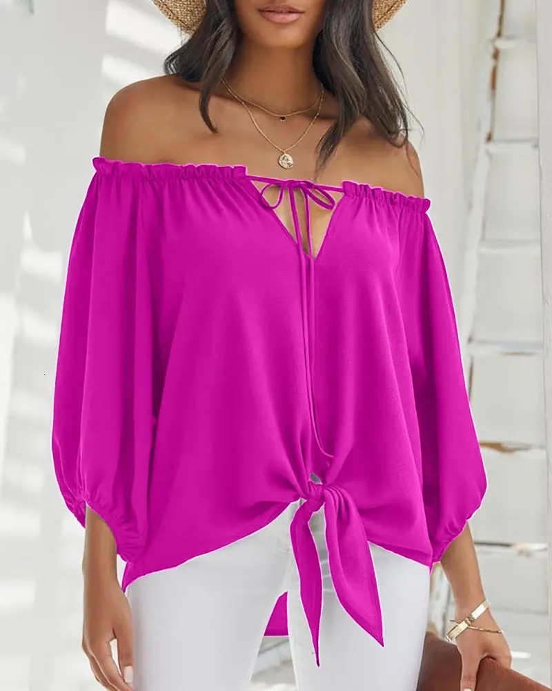 Womens Blouses Shirts Summer Lace Up Print Loose Off The Shoulder Pullover Blouse Office Lady Irregular Tops Camisa Feminina Blusas 230519