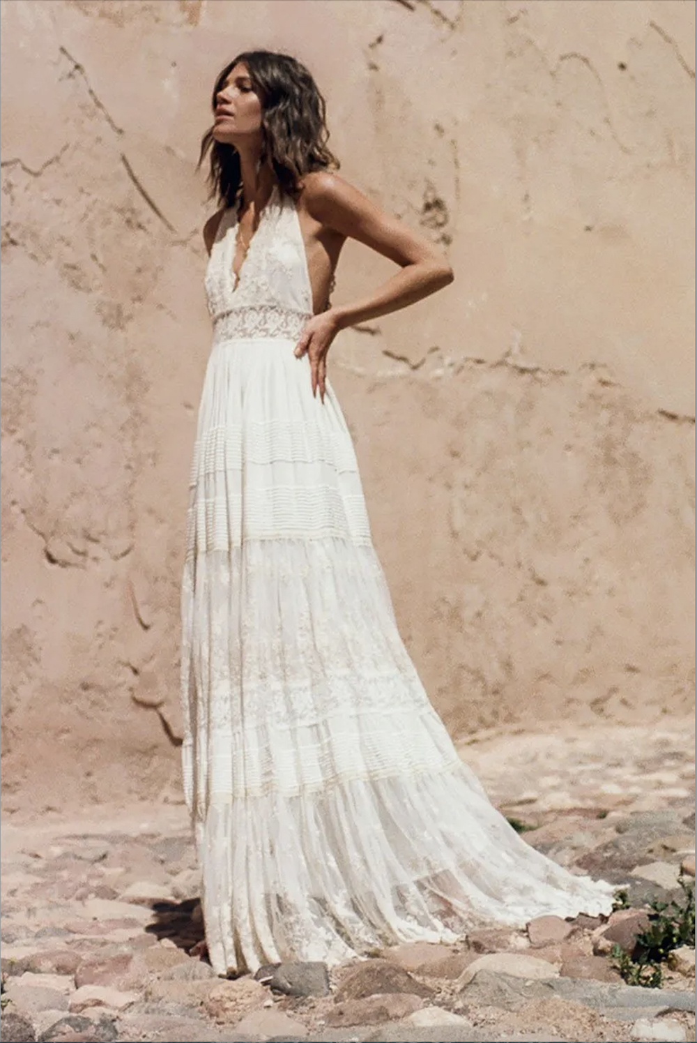 Bohemian Dresses Halter Deep V Neck Embroidery Sweep Train Backless Bridal Gowns Custom Made Beach Boho Wedding Dress