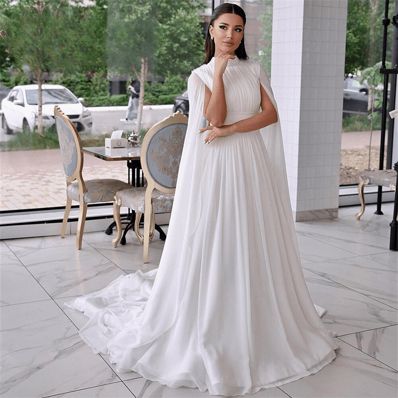 Stunning White Dubai Arabic Wedding Dress 2023 With Cape Clock High Neck Pleat Beaded Beach Chiffon Bridal Gowns Chic Country vestidos de novia robe d