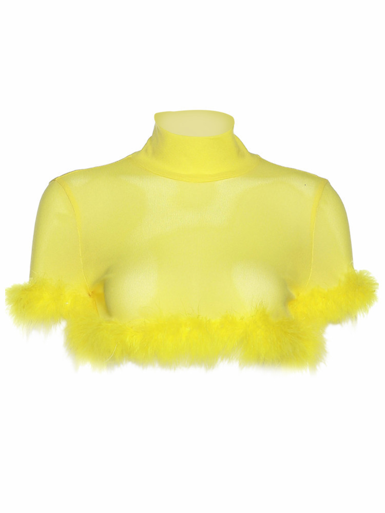 Women's TShirt Feather Trim Mesh Sheer Tshirt Women Summer Crop Tops Short Sleeve See Through Club Sexy Tee Shirts Female 230520