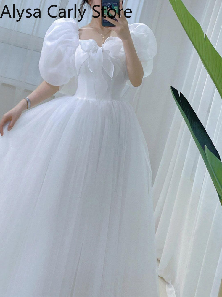 Basic Casual Dresses White Elegant Sweet Princess Dress Women Bow Puff Sleeve Korean Kawaii Midi Dress Female Autumn Casual Evening Party Dress 230520
