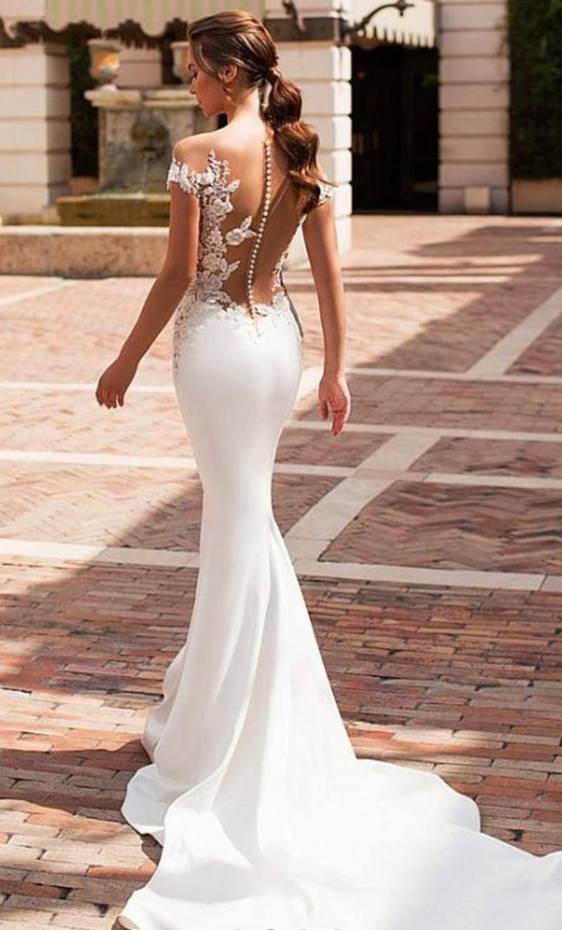 Sexy Boho Mermaid Wedding Dresses Satin Cap Sleeve Sheer Illusion Vestido De Noiva Lace Bohemian Bride Gowns With Romantic Buttons Back