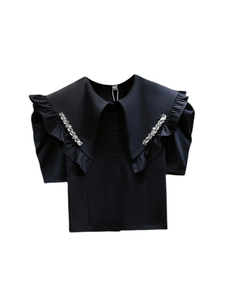 Womens Blouses Shirts EWQ Sweet Style Women Cardigan Blouse Peter Pan Collar Puff Sleeve Diamond Inlay Patchwork Shirt Spring Summer 27SN1147 230519