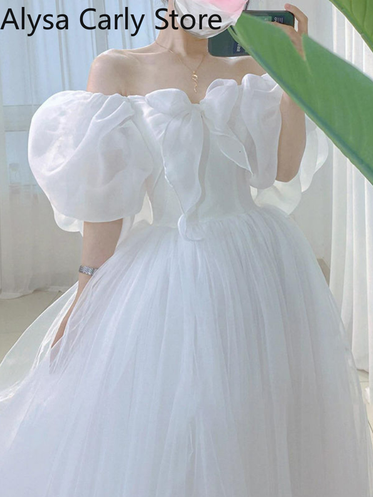 Basic Casual Dresses White Elegant Sweet Princess Dress Women Bow Puff Sleeve Korean Kawaii Midi Dress Female Autumn Casual Evening Party Dress 230520