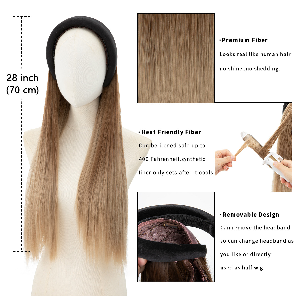 28" Synthetic Long Straight Headband Half Head Hair Wigs, a Hair Sleeve That Combines a Headband With a Wig
