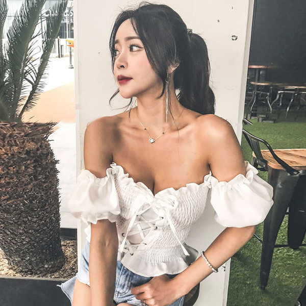 Womens Blouses Shirts Arrival Boho Sexy Summer Crop Top Tops and Puff Sleeve Off Shoulder Lace Up Beach Shirt blusa feminina 230519