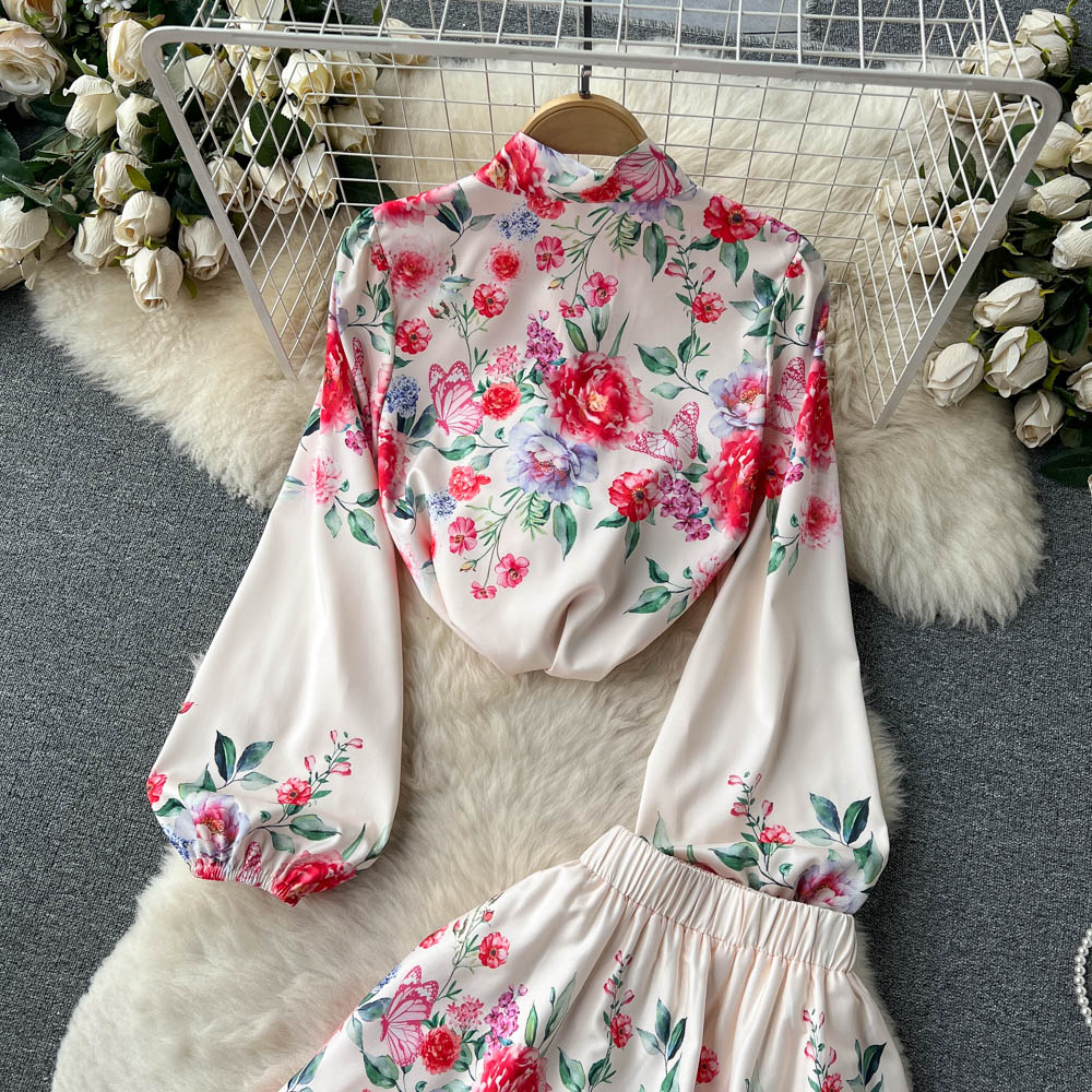 Two Piece Dress Spring Runway Vacation Suit Women Bow Neck Flower Print Long Sleeve Blouses + High Waist Layer Cascading Maxi Skirt 2 Pieces Set 2023