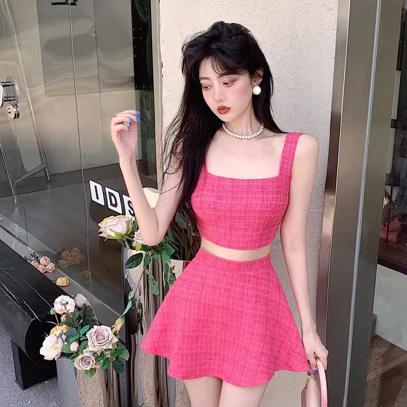 Womens summer 2 pc dress set rose color tweed woolem crop top spaghetti strap vest and a-line short skirt suit SML