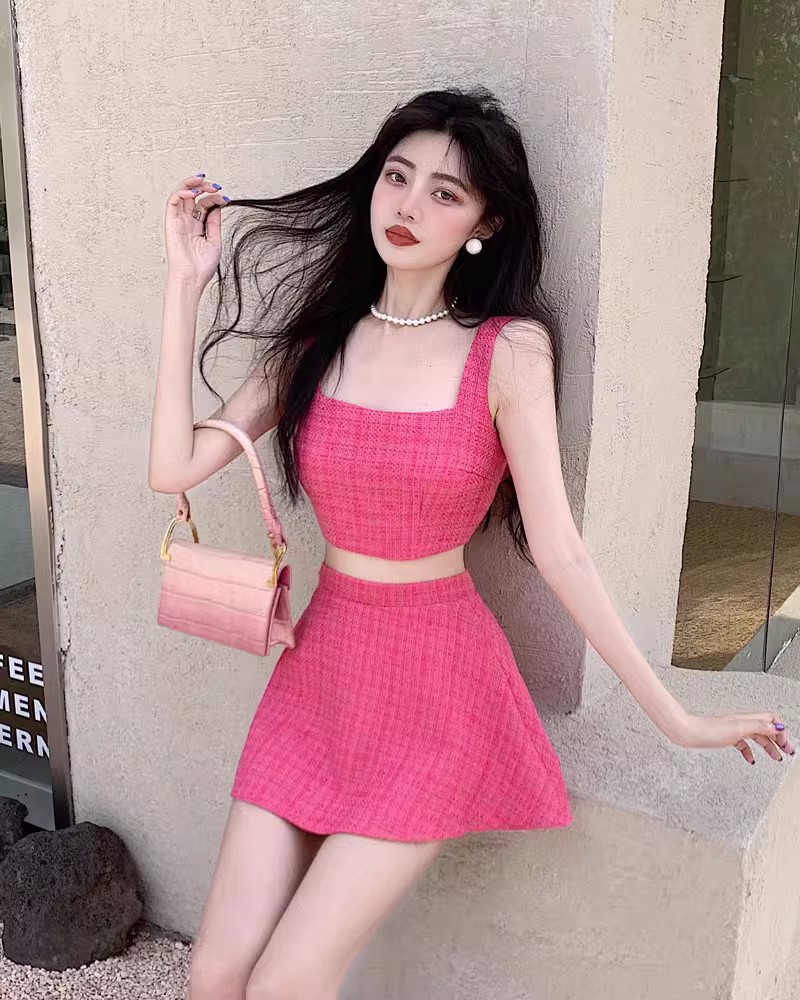 Womens summer 2 pc dress set rose color tweed woolem crop top spaghetti strap vest and a-line short skirt suit SML