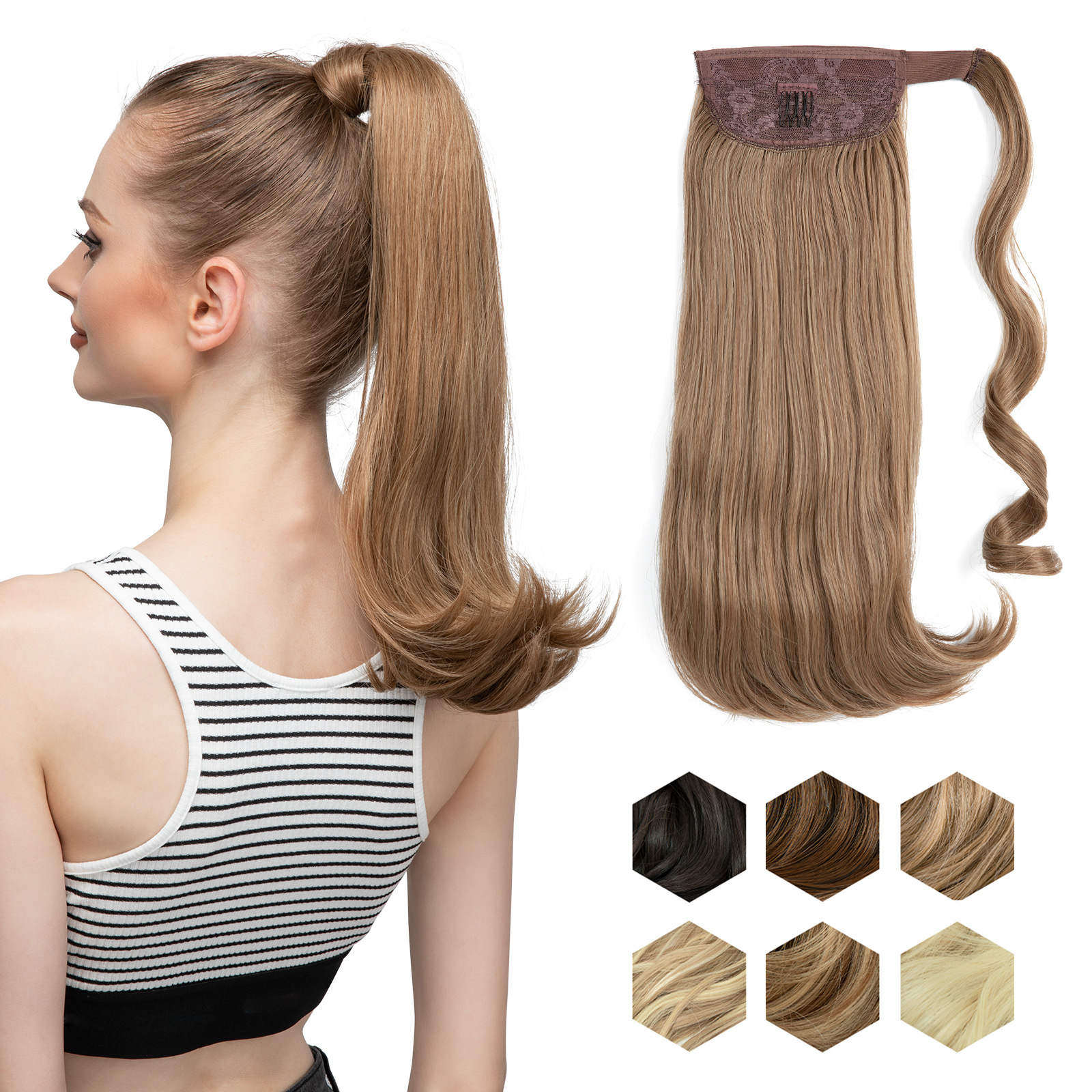 Synthetic 17" Long Wavy Ponytail Hair Extension Curly Clip In Hairpiece Blonde Wrap Around Pigtail Smooth Fake Pony Tail