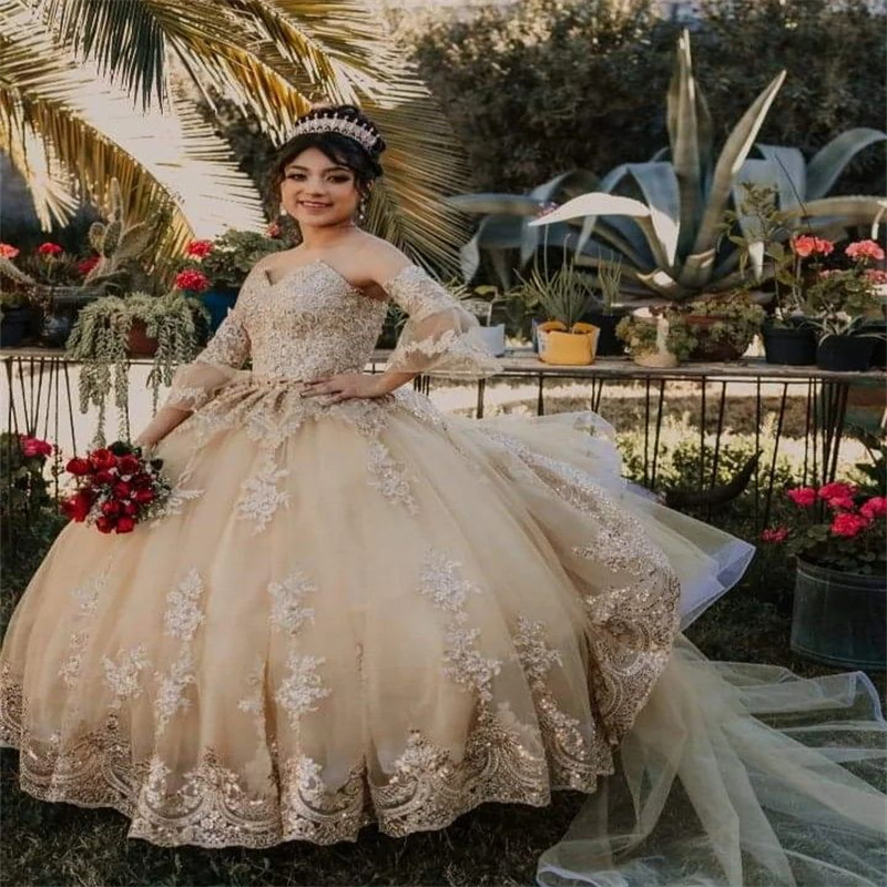 Luxury Champagne Sweet 15 Quinceanera Dress 2023 Ballkleider Puffy Lace Tulle Ruffles Birthday Party Princess Vestidos De Prom vestidos de 15 quincean