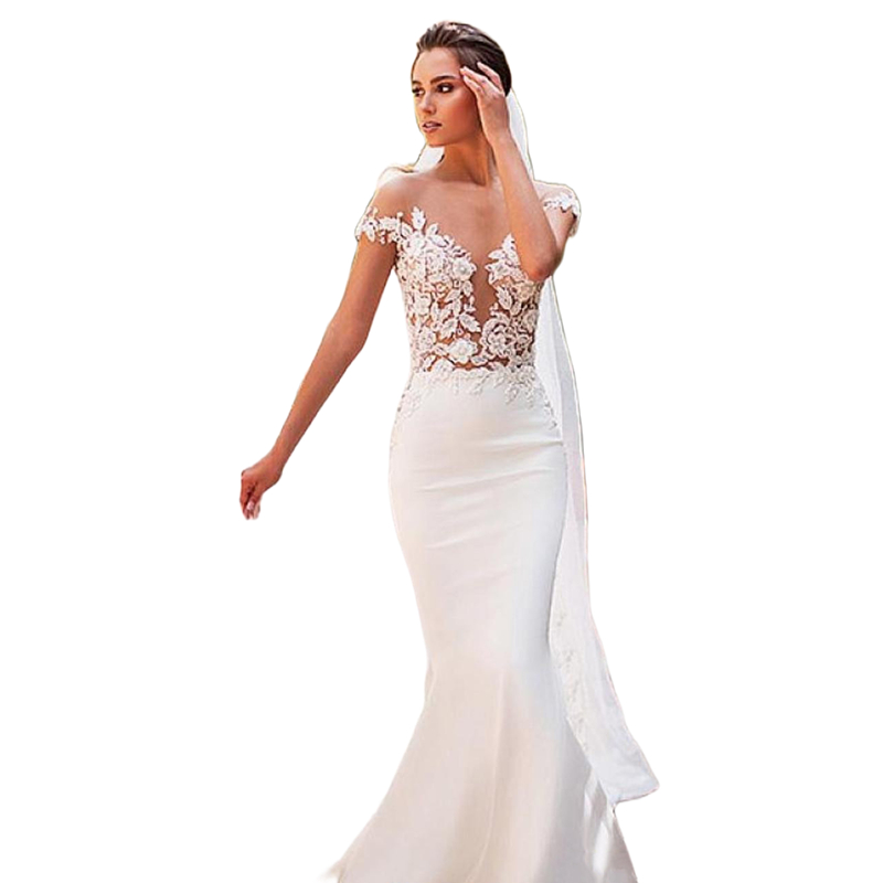 Sexy Boho Mermaid Wedding Dresses Satin Cap Sleeve Sheer Illusion Vestido De Noiva Lace Bohemian Bride Gowns With Romantic Buttons Back