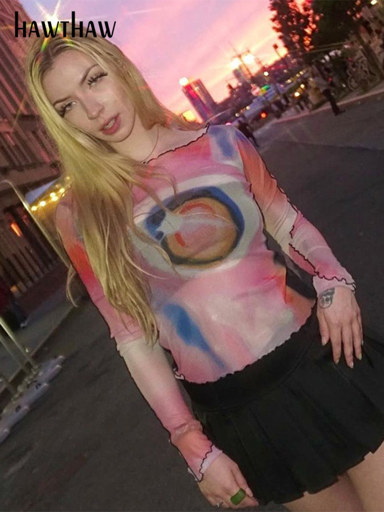 Women's TShirt Hawthaw Women Long Sleeve Graphic Mesh See Through T Shirt Tops Tees Streetwear Summer Clothes Wholesale Items For Business 230520