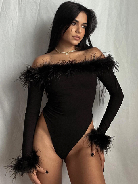 Women's Jumpsuits Rompers Hugcitar Feather Slash Neck Long Sleeve Solid Elegant Sexy Bodycon Bodysuit Fall Winter Women Birthday Party Y2K Clothe