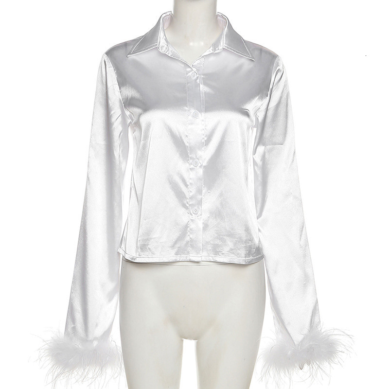 Women's Blouses Shirts hirigin Women Top Furry Feathers Long Sleeve Button Up Collared Blouse Elegant Sexy Party Club Satin White Shirts 230520