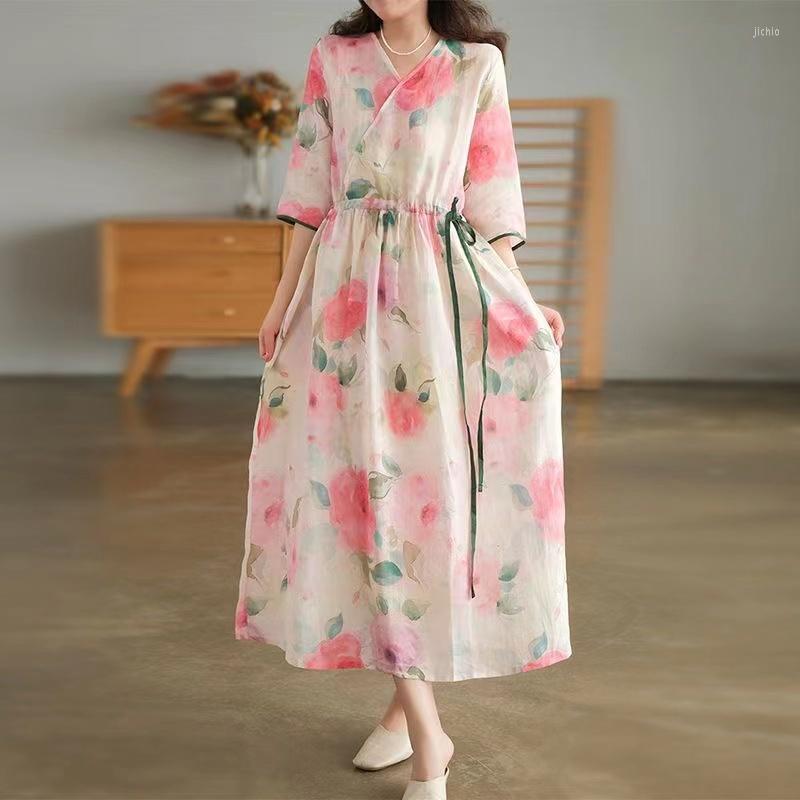 Casual Dresses Elegant Pink V-neck Floral Printed Ladies Dress Chiffon Loose Lace-up Long Women Three-quarter Sleeves Robe 26844