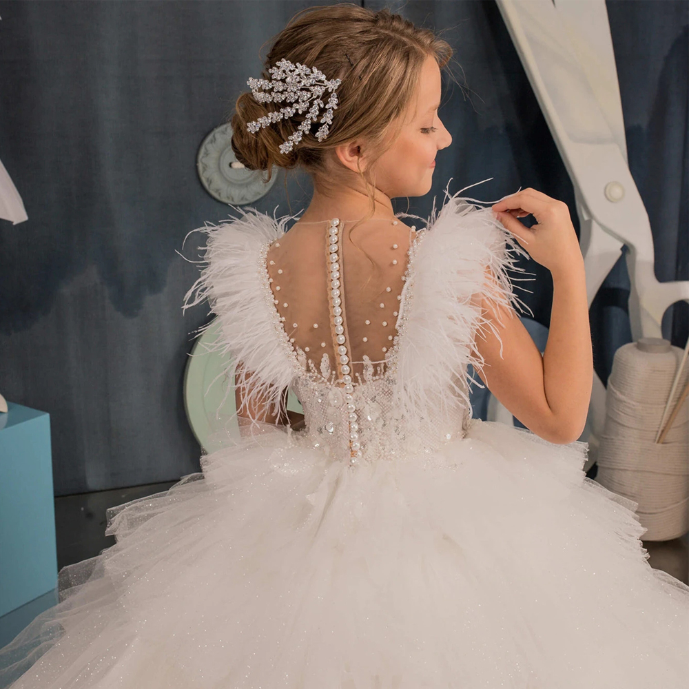 Pretty Feather Ruffles Ball Gown Flower Girls Dresses Bead First Communion Dress Tiere Tulle Child Christening Wear 415