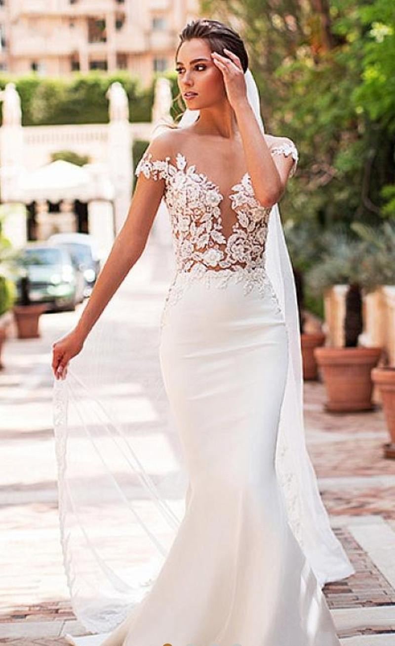 Sexy Boho Mermaid Wedding Dresses Satin Cap Sleeve Sheer Illusion Vestido De Noiva Lace Bohemian Bride Gowns With Romantic Buttons Back
