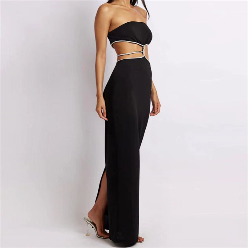 Basic Casual Dresses Puloru Black Off Shoulder Party Tube Top Dress Elegant Retro Sleeveless Strapless Hollow Out Backless Split Wrap Dress Vestidos 2