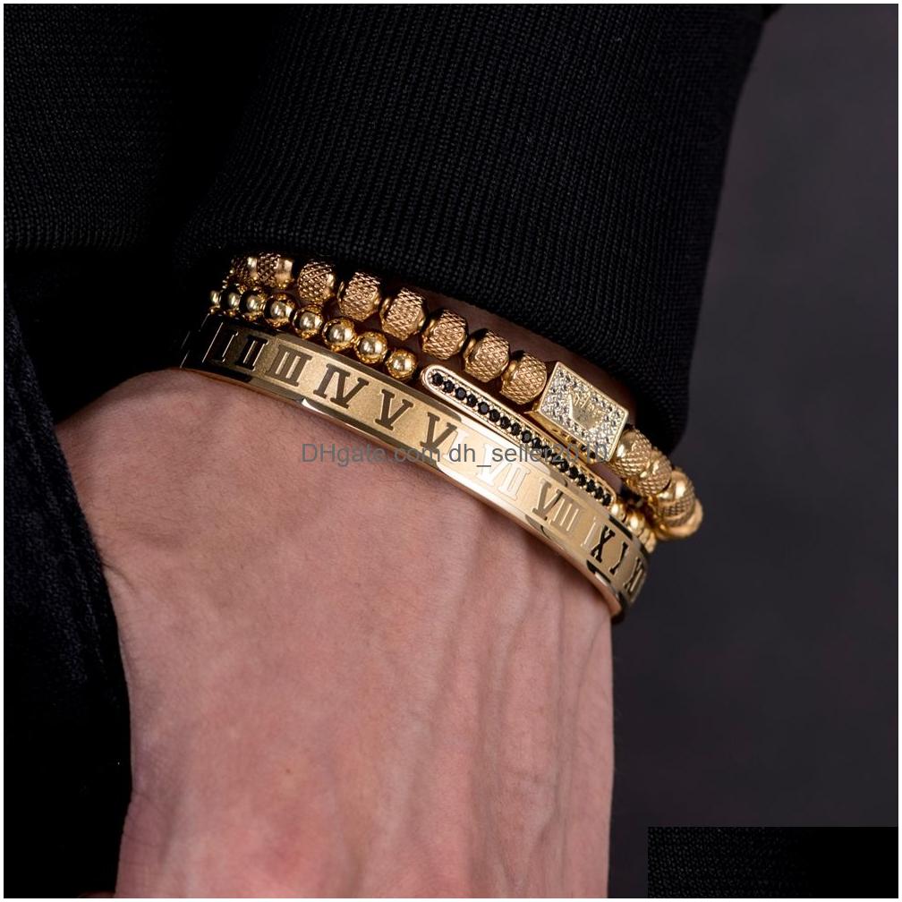 Charm Bracelets 3Pcs/Set Gold Royal King Crown Men Roman Numeral Bracelet Unique Design Braided Adjustable Bangle Pseira Drop Delive Dhf3E
