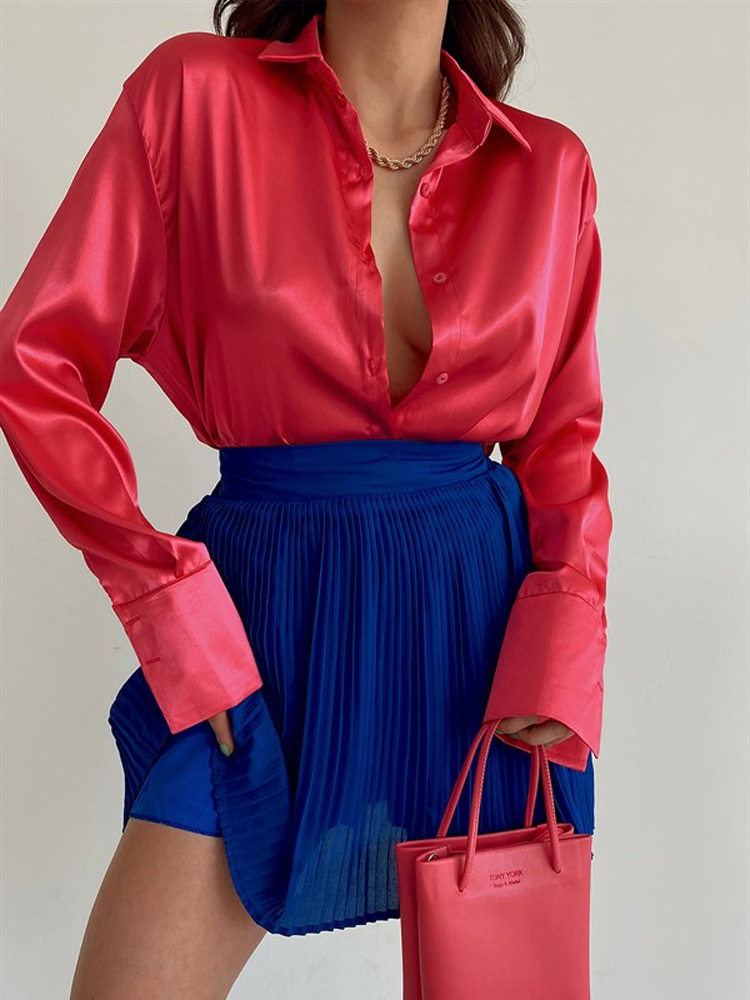 Womens Blouses Shirts Satin Silk Shirt Top Elegant Vneck Spring Summer Office Ladies Loose Button Up Long Sleeve Tops 230519