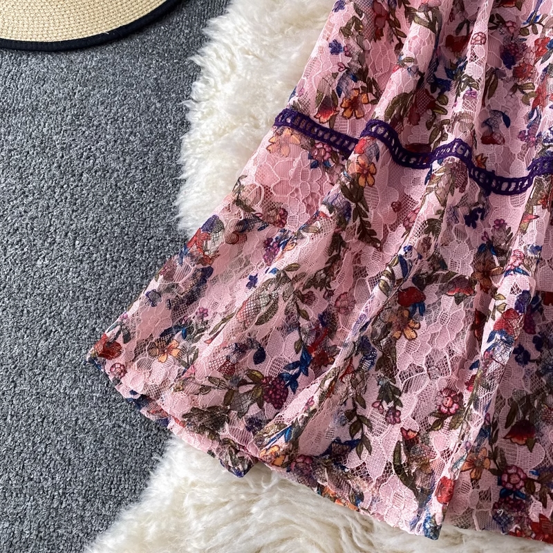 Summer New Elegant Standing Neck Print Dress Flare Short Sleeve Mesh Panel Lace Fragmented Ruffle Edge Dress