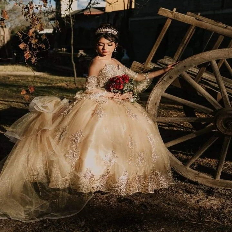 Luxury Champagne Sweet 15 Quinceanera Dress 2023 Ballkleider Puffy Lace Tulle Ruffles Birthday Party Princess Vestidos De Prom vestidos de 15 quincean