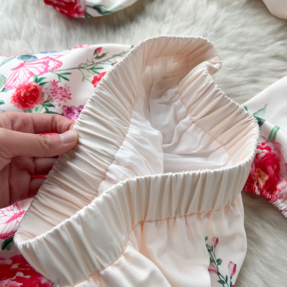 Two Piece Dress Spring Runway Vacation Suit Women Bow Neck Flower Print Long Sleeve Blouses + High Waist Layer Cascading Maxi Skirt 2 Pieces Set 2023