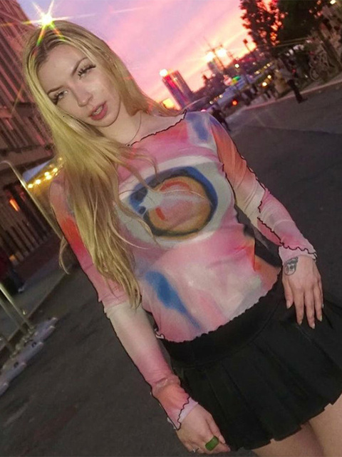 Women's TShirt Hawthaw Women Long Sleeve Graphic Mesh See Through T Shirt Tops Tees Streetwear Summer Clothes Wholesale Items For Business 230520